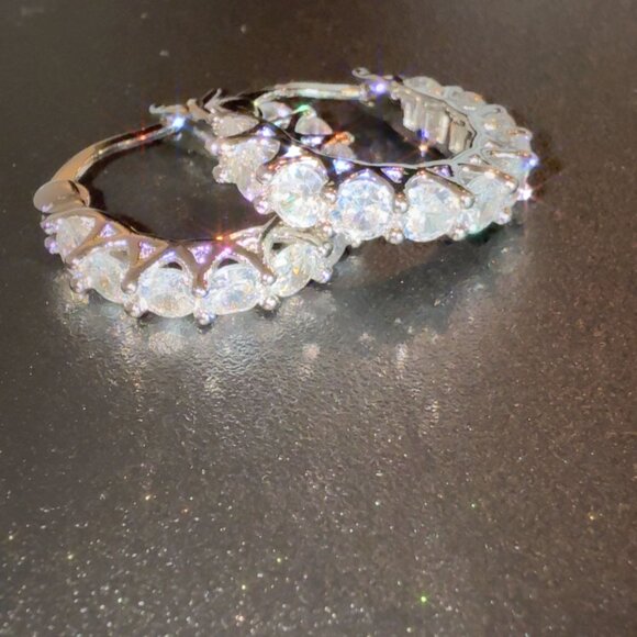 Fashion Jewelry Silver & Cubic Zirconia Hoop Earrings For Women - Picture 2 of 5